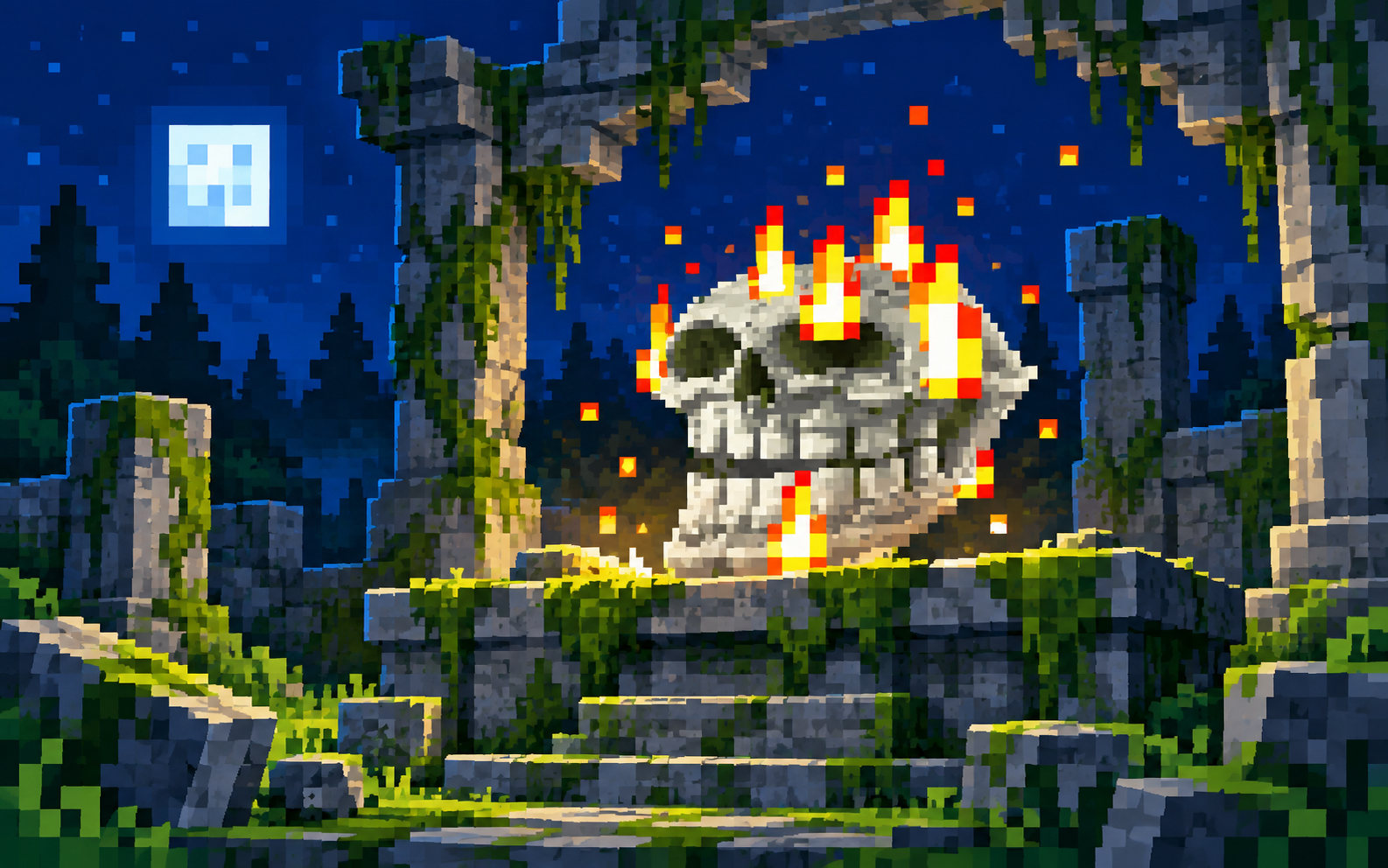 The flaming troll skull awakening in ancient pixel ruins