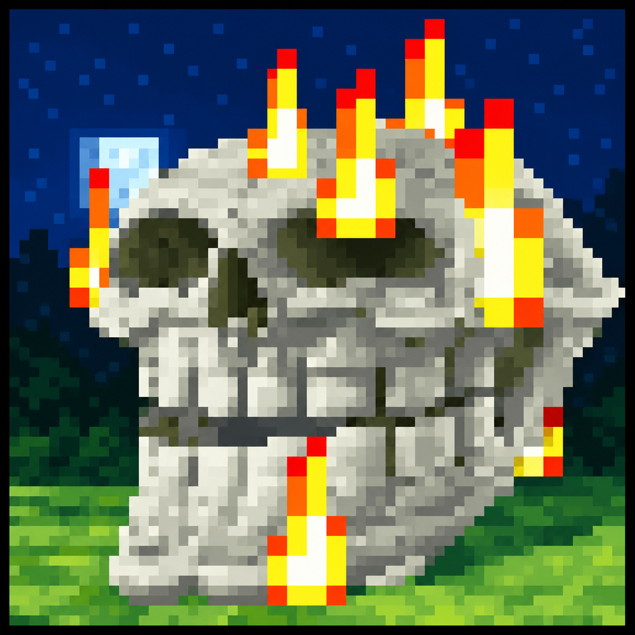 A flaming pixel-art troll skull in a moonlit meadow